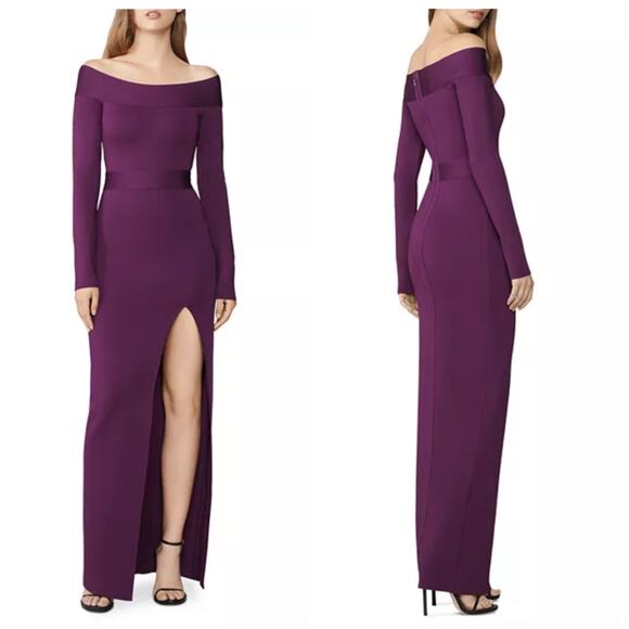 Herve Leger Purple Long Sleeve Off Shoulder Bandage Gown Dress Size M - Picture 1 of 9